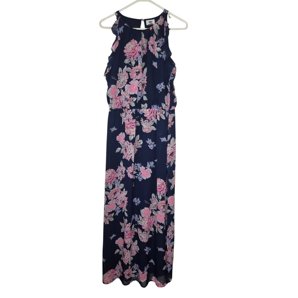 Old Navy Navy Blue Pink Floral Sleeveless Blouson Maxi Dress Side Slit L